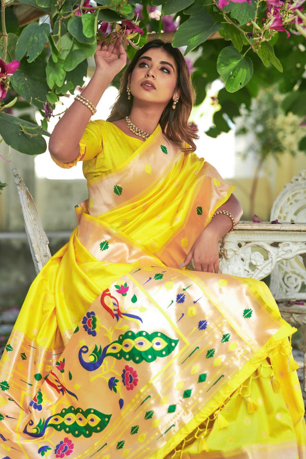 Cadmium Yellow Banarasi Silk Paithani Saree