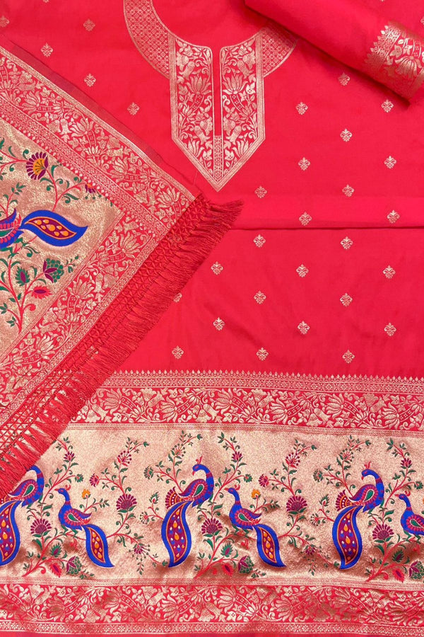 Apple Red Paithani Banarasi Silk Unstitch Salwar Suit