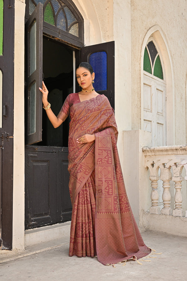 Ritual Penny Brown Kalamkari Woven Raw Silk Saree