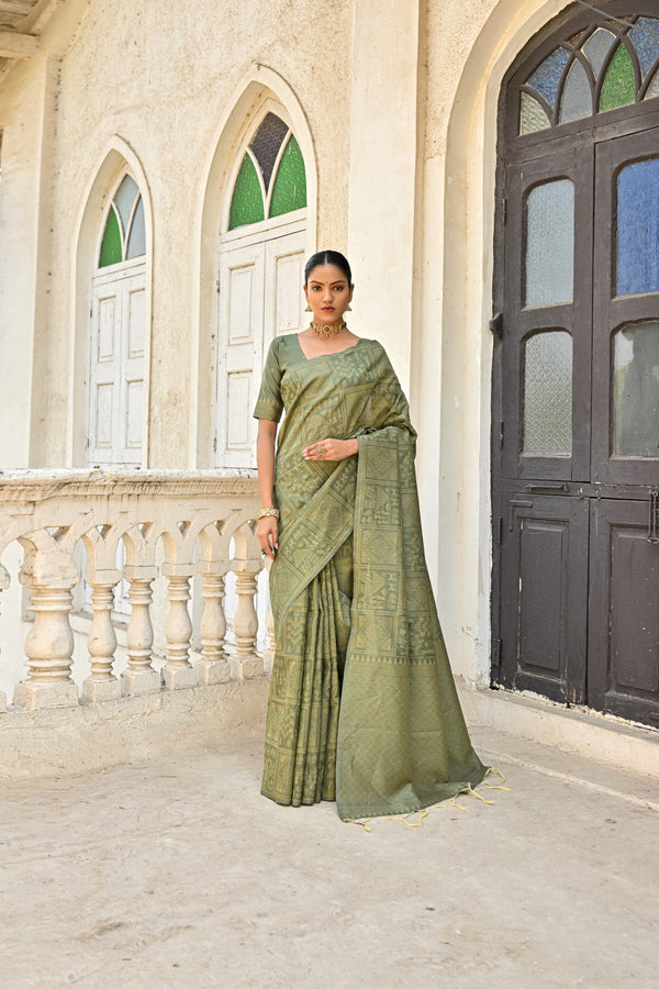 Ritual Sage Green Kalamkari Woven Raw Silk Saree