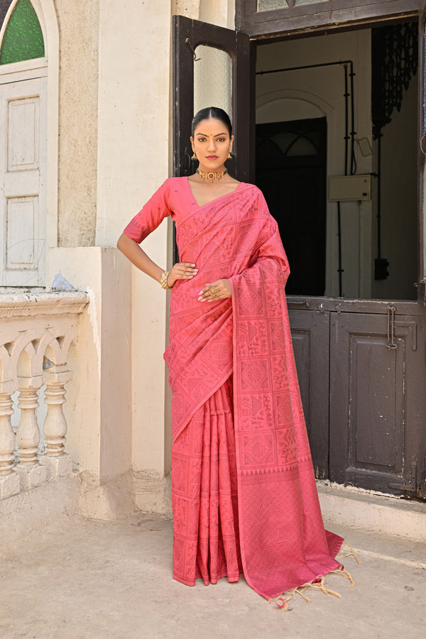 Ritual Indian Red Kalamkari Woven Raw Silk Saree