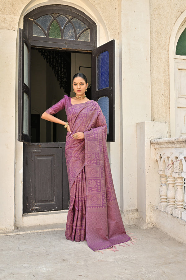 Ritual Boysenberry Wine Kalamkari Woven Raw Silk Saree