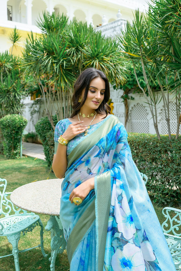 Electric Blue Printed Cotton Saree