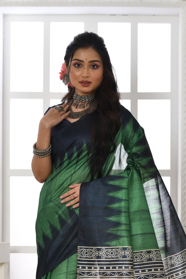 Forest Green Tussar Silk Saree