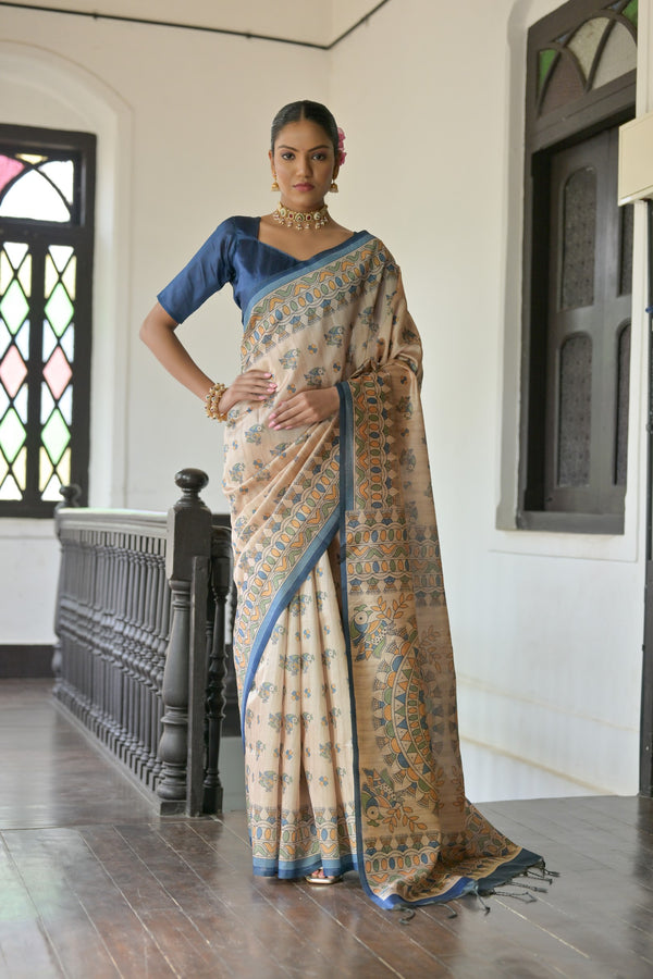 Beautiful Indigo Blue Madhubani Printed Tussar Silk Saree