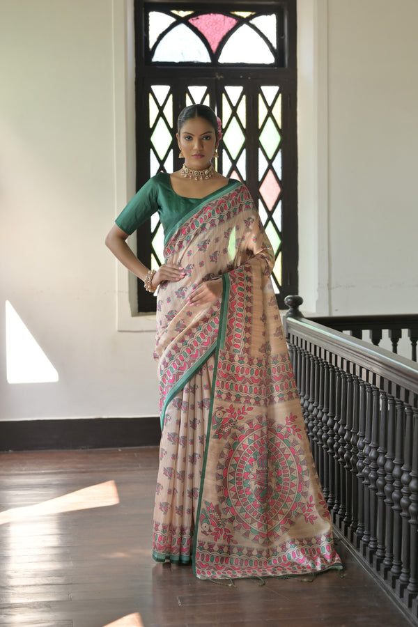 Beautiful Jungel Green Madhubani Printed Tussar Silk Saree