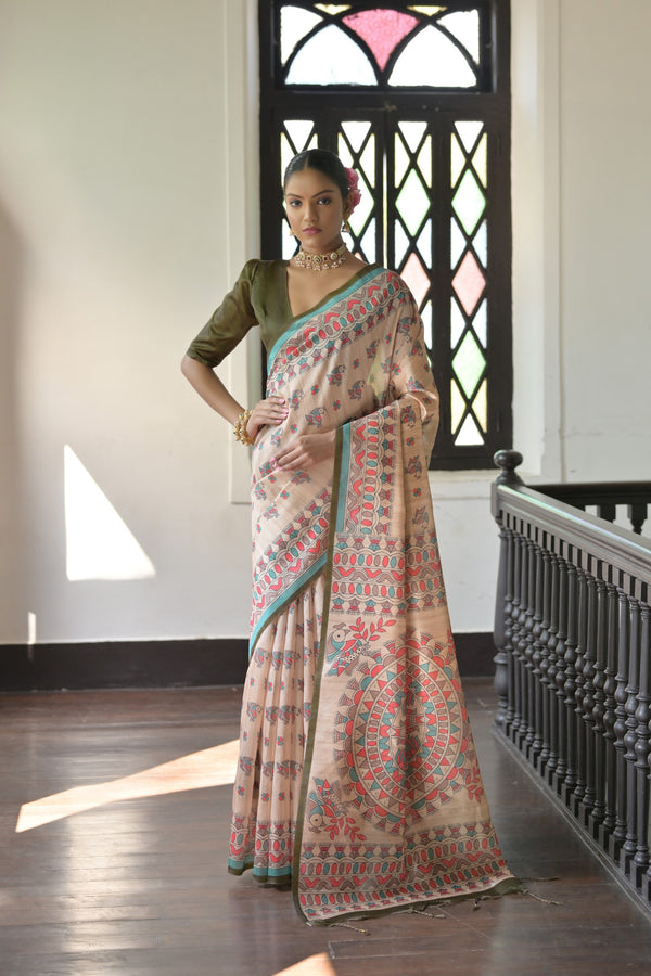 Beautiful Juniper Green Madhubani Printed Tussar Silk Saree