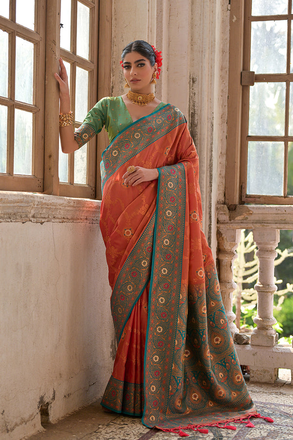 Orange Peach Floral Woven Design Zari Banarasi Silk Sarees