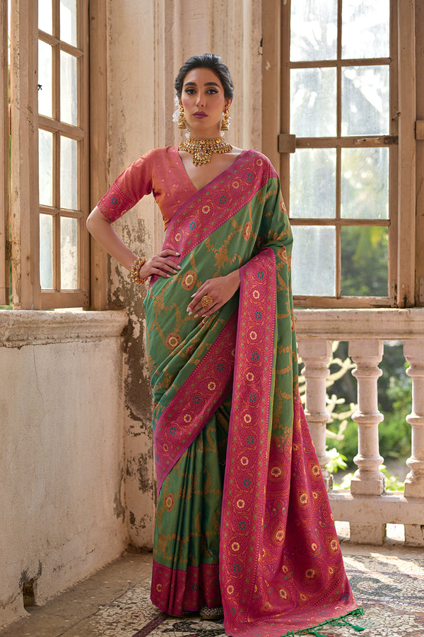 Pear Pista Floral Woven Design Zari Banarasi Silk Sarees