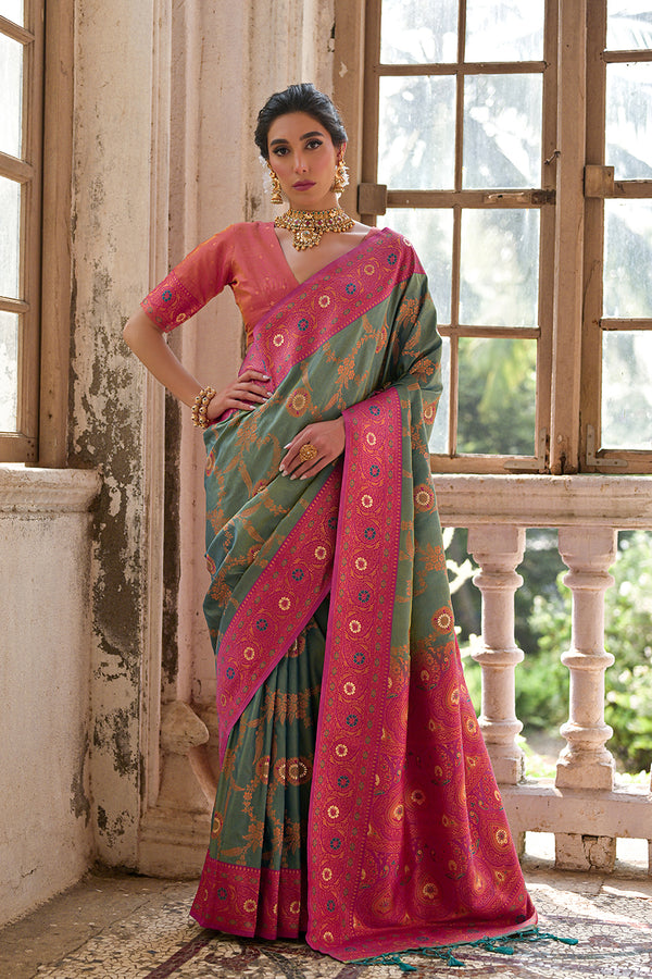 Greenish Rama Floral Woven Design Zari Banarasi Silk Sarees