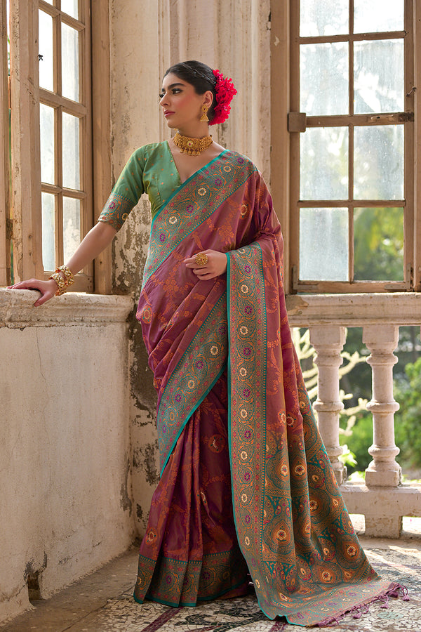 Blush Wine Floral Woven Design Zari Banarasi Silk Sarees