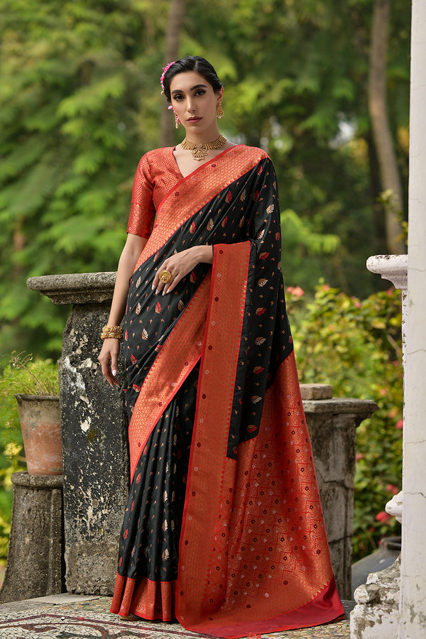 Cinnamon Black Ethnic Motifs Woven Design Zari Banarasi Silk Sarees