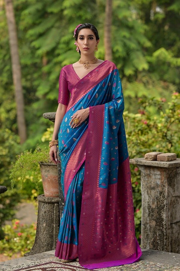 Lapis Blue Ethnic Motifs Woven Design Zari Banarasi Silk Sarees