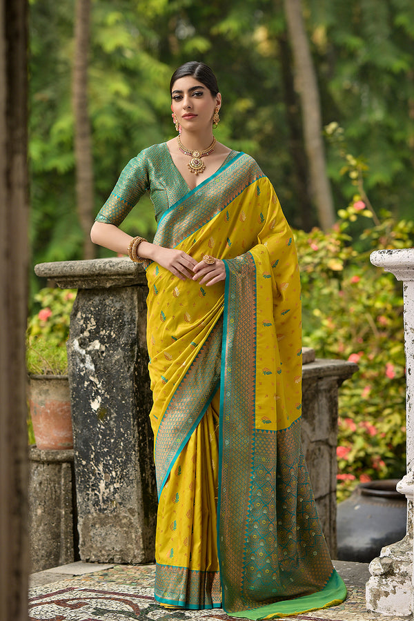 Vivid Yellow Ethnic Motifs Woven Design Zari Banarasi Silk Sarees