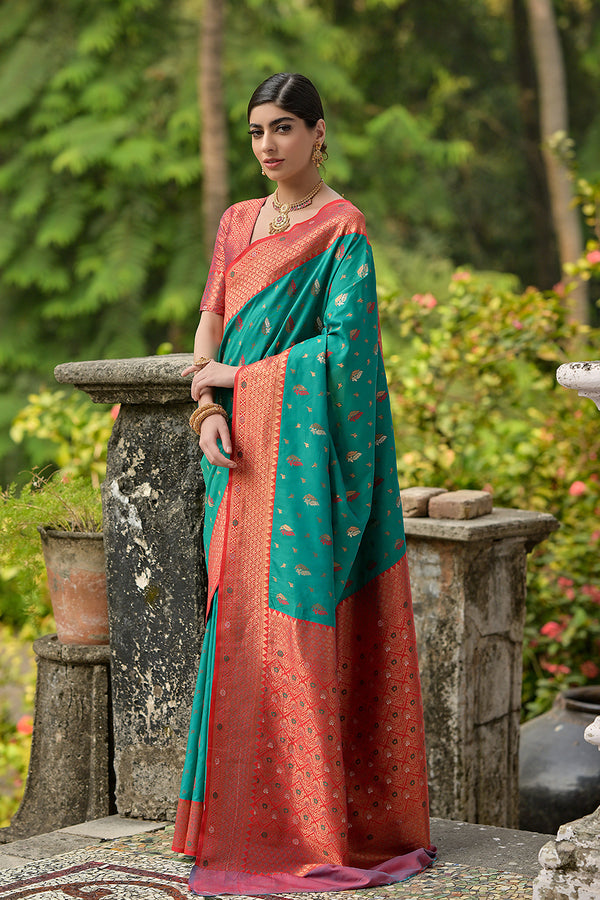 Foxtons Rama Ethnic Motifs Woven Design Zari Banarasi Silk Sarees