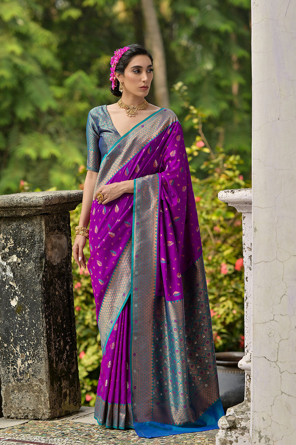 Magenta Wine Ethnic Motifs Woven Design Zari Banarasi Silk Sarees