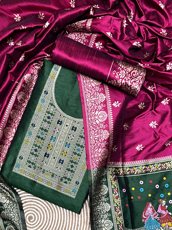 Beautiful Castellon Green Woven Bhagalpuri Silk Unstitch Salwar Suit