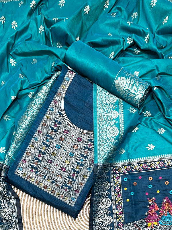 Beautiful Teal Blue Woven Bhagalpuri Silk Unstitch Salwar Suit