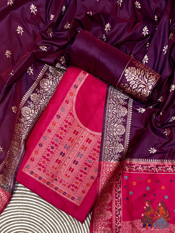 Beautiful Fuschia Pink Woven Bhagalpuri Silk Unstitch Salwar Suit