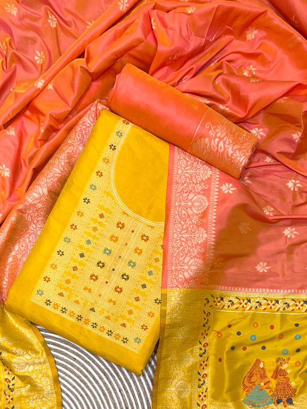 Beautiful Golden Yellow Woven Bhagalpuri Silk Unstitch Salwar Suit