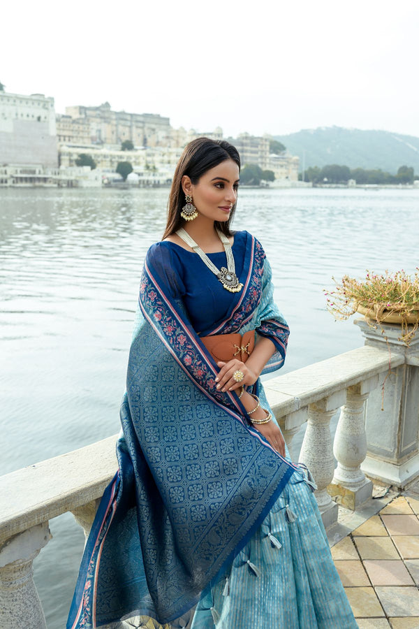 Cyan Blue Cotton Silk Saree