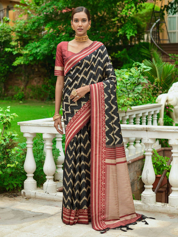 Coal Black Handloom Raw Silk Saree