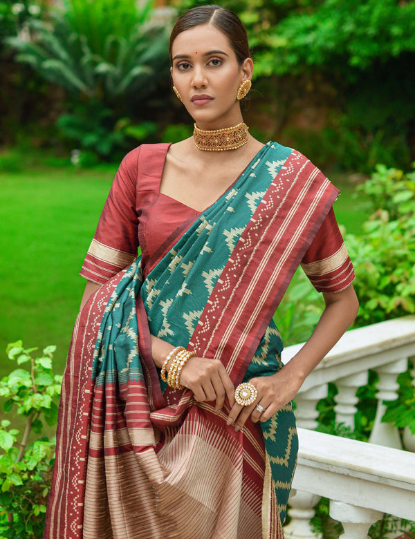 Stunning Rama Green Handloom Raw Silk Saree