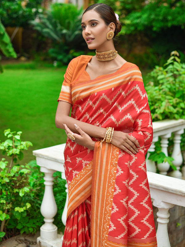 Ruby Red Handloom Raw Silk Saree