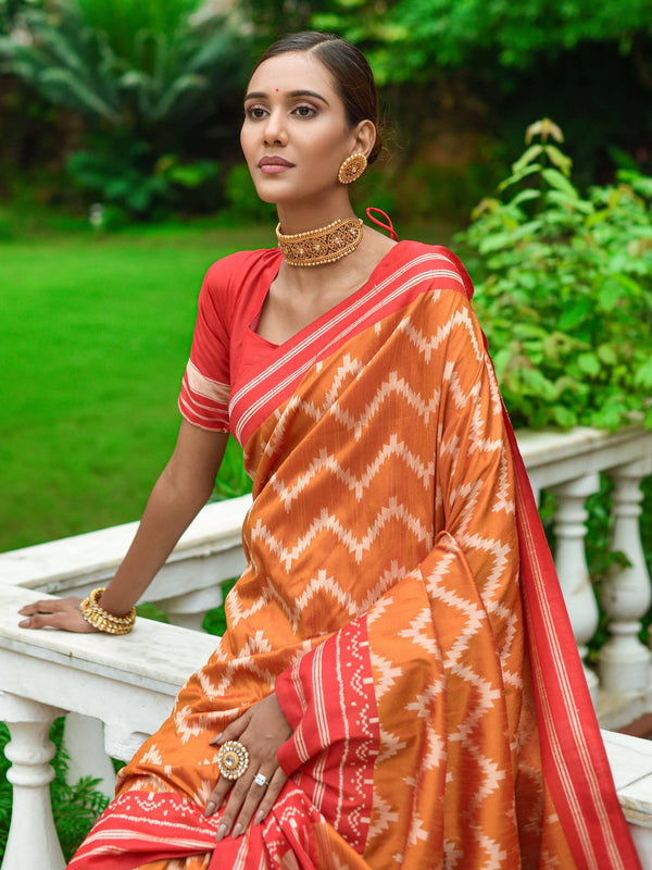 Carrot Orange Handloom Raw Silk Saree