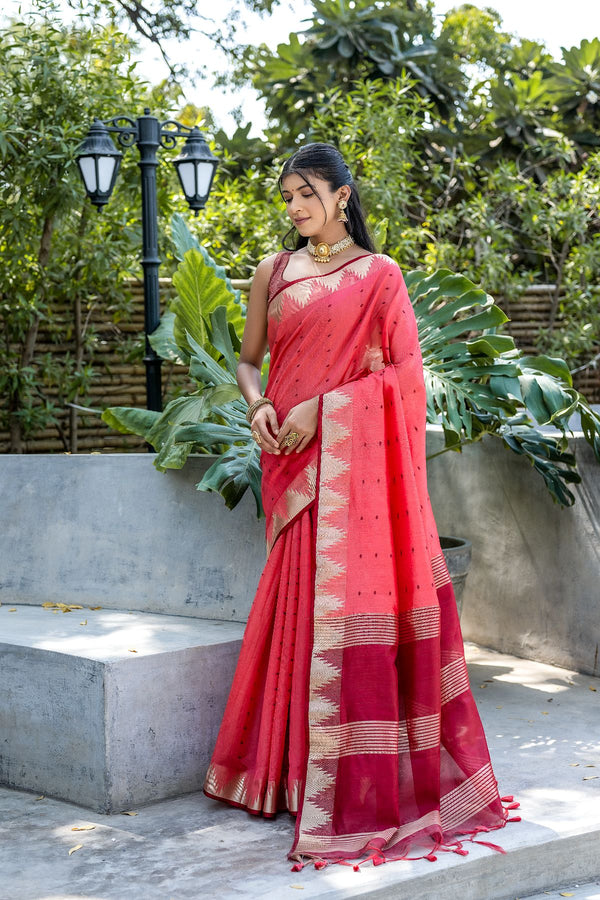 Watermelon Pink Raw Silk Saree