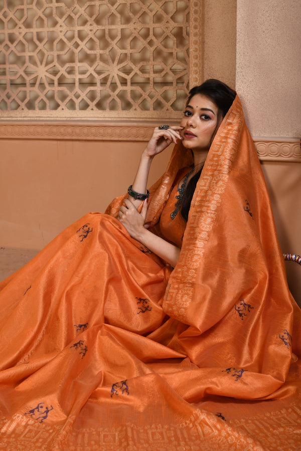 Giant Orange Handloom Raw Silk Saree