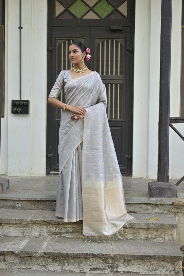 Beautiful Dolphin Grey Zari Woven Tussar Silk Saree