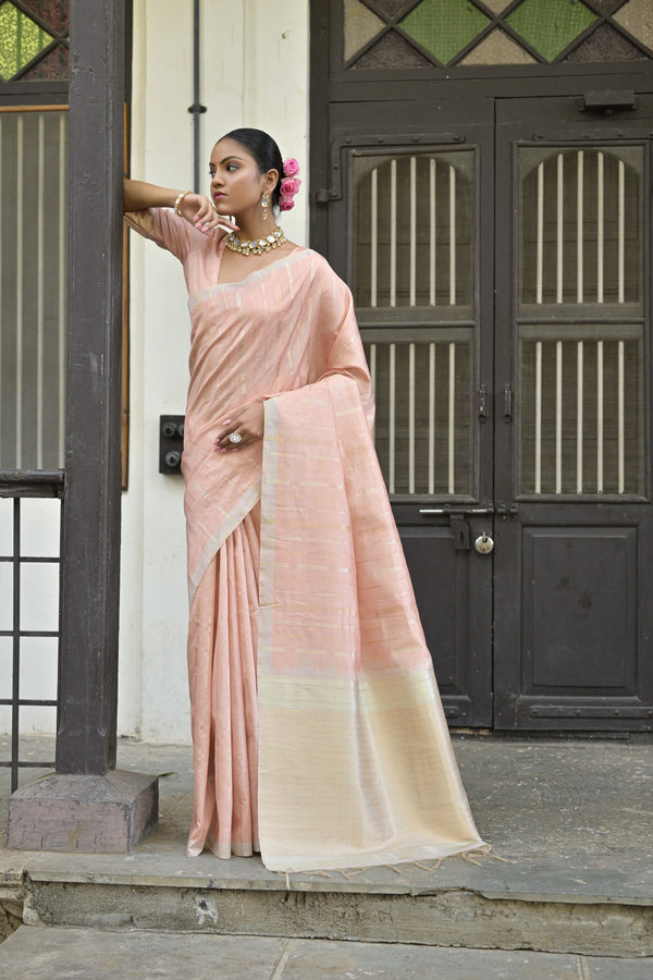 Beautiful Heather Peach Zari Woven Tussar Silk Saree