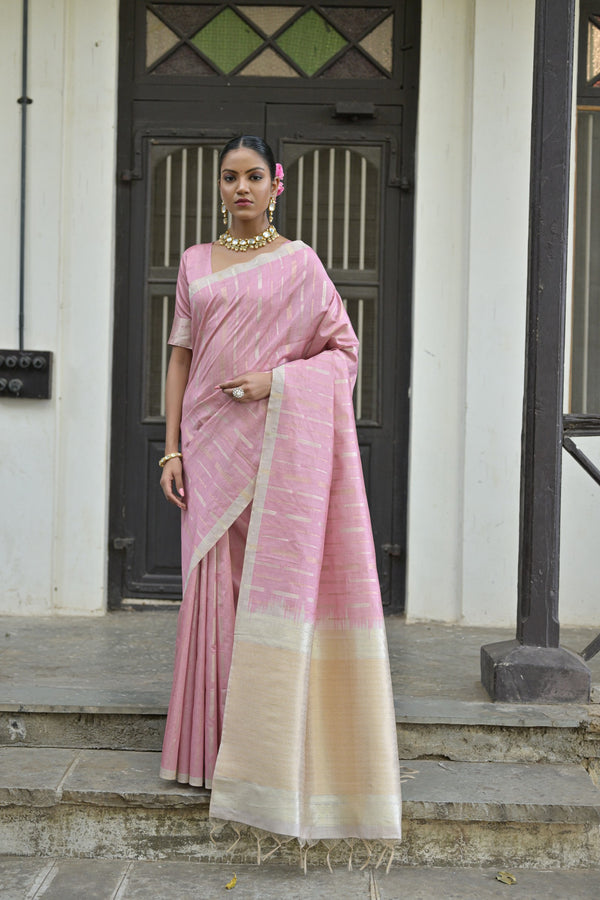 Beautiful Pearl Pink Zari Woven Tussar Silk Saree