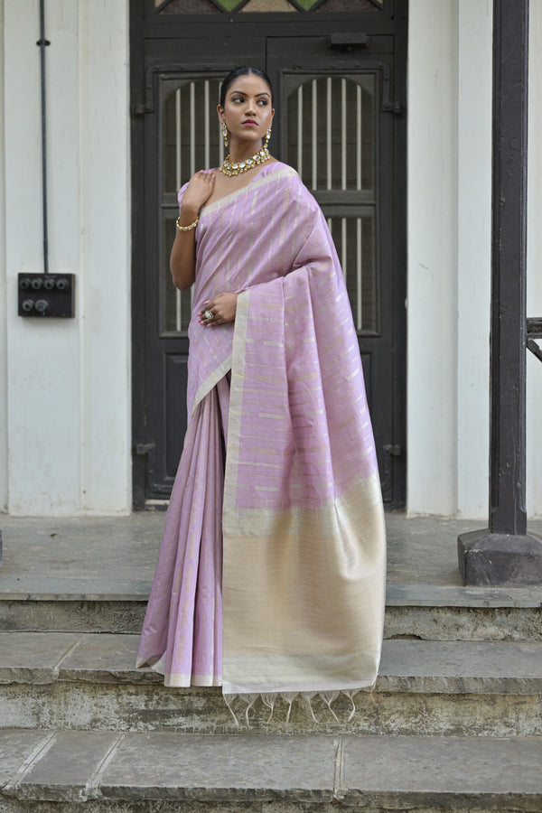 Beautiful Periwrinkle Purple Zari Woven Tussar Silk Saree