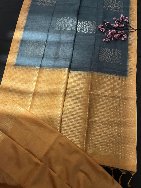 Charcoal Grey Premium Tussar Silk Saree