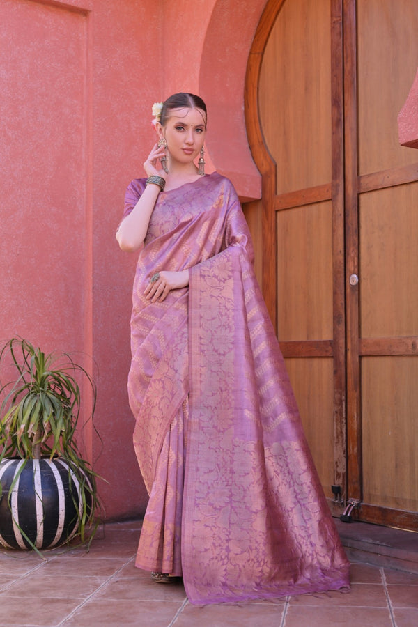 Flamingo Pink Leheriya Zari Tussar Pure Silk Saree