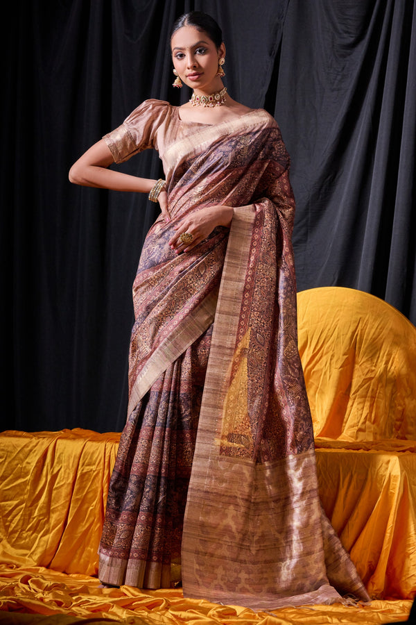 Gorgeous Sepia Brown Printed Tussar Silk Saree