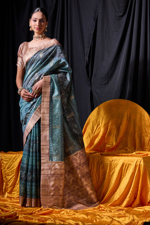 Gorgeous Stone Blue Printed Tussar Silk Saree