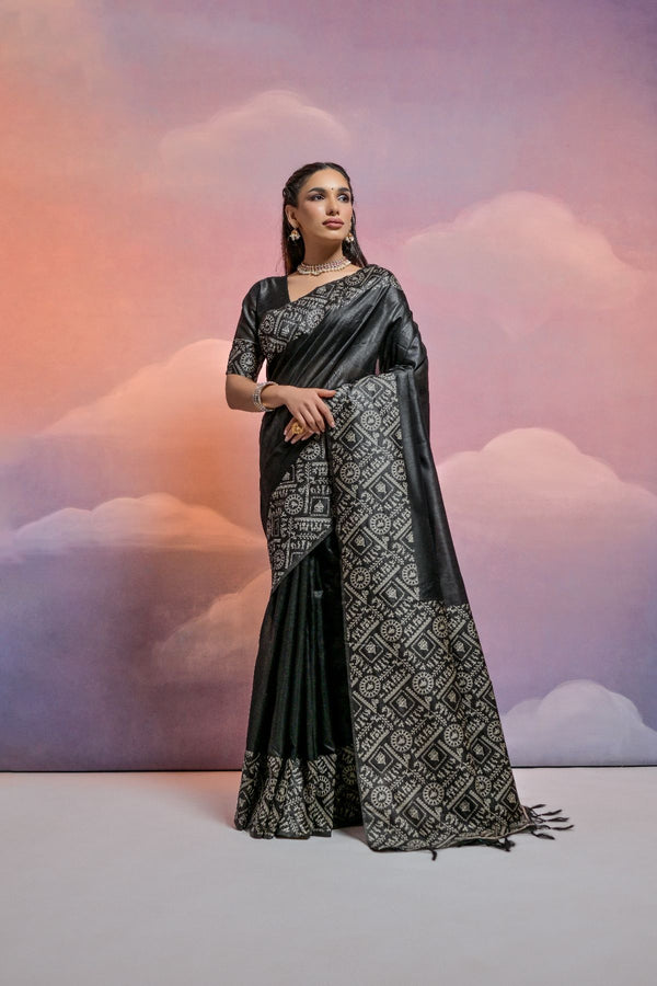 Gorgeous Charcoal Black Raw Silk Saree