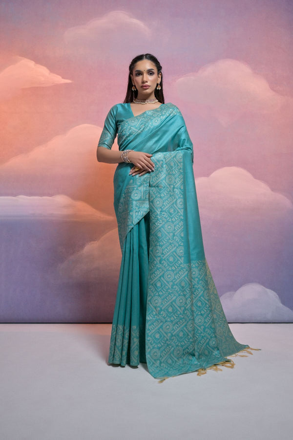 Gorgeous Aquamarine Blue Raw Silk Saree