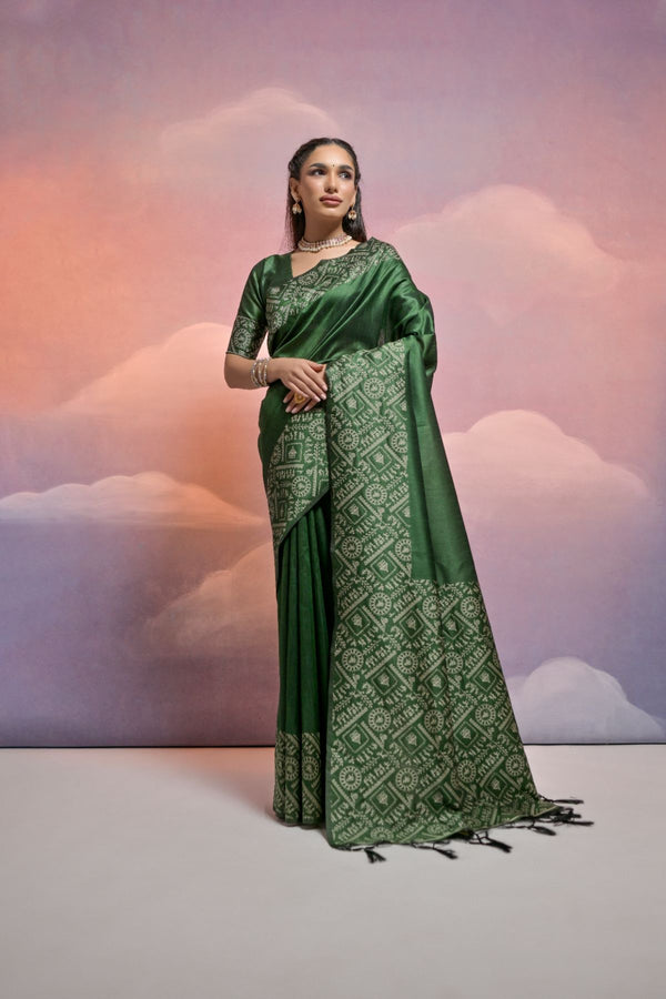 Gorgeous Forest Green Raw Silk Saree