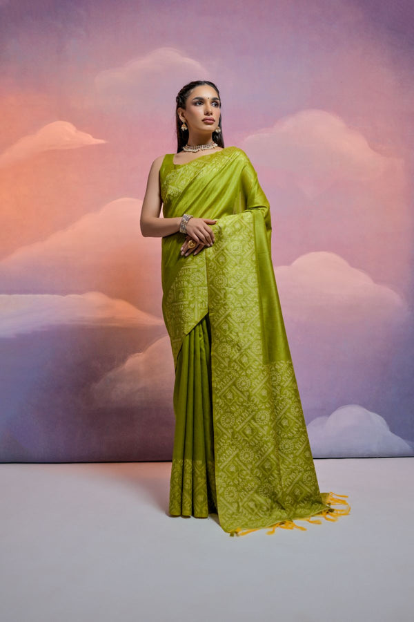 Gorgeous Olive Green Raw Silk Saree