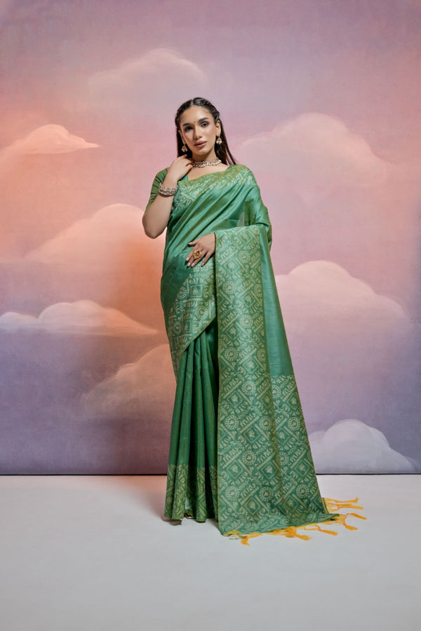 Gorgeous Kelly Green Raw Silk Saree