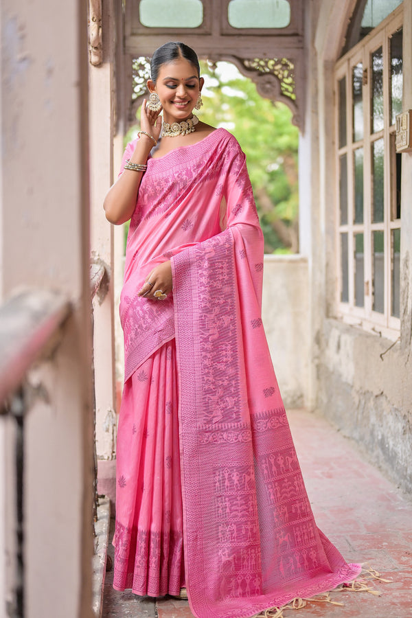 Taffy Pink Handloom Raw Silk Woven Saree