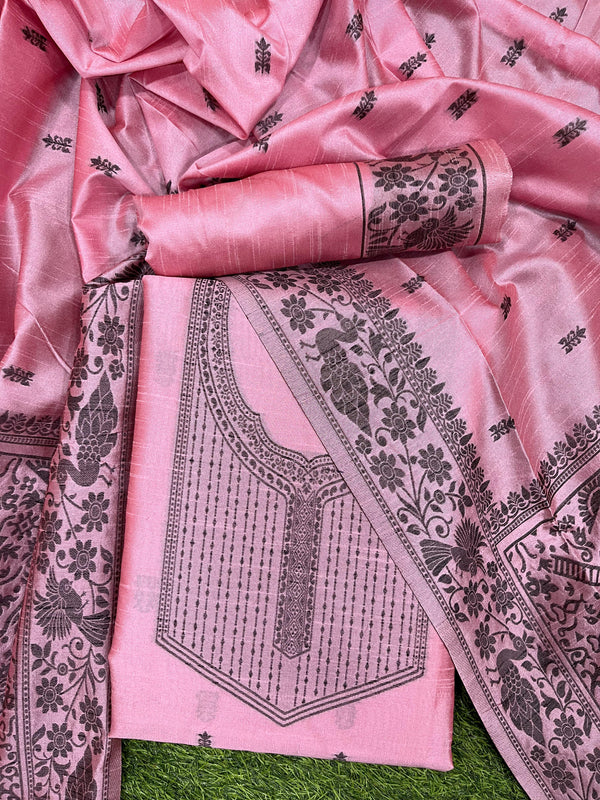 Baby Pink Handloom Raw Silk Unstitch Salwar Suit