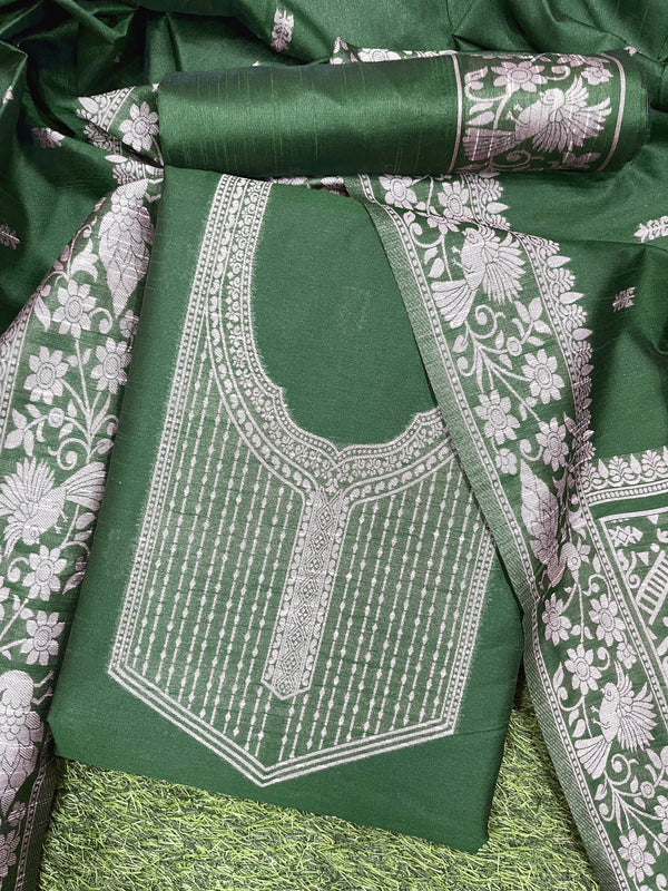 Forest Green Handloom Raw Silk Unstitch Salwar Suit