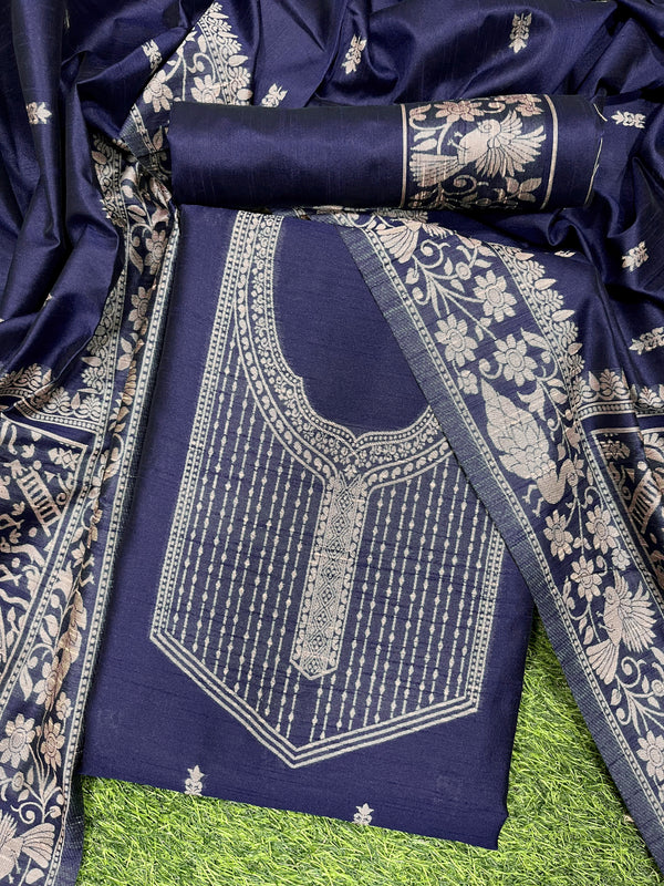 Navy Blue Handloom Raw Silk Unstitch Salwar Suit