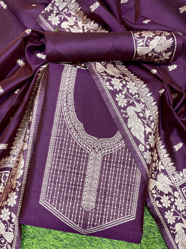 Grapes Purple Handloom Raw Silk Unstitch Salwar Suit