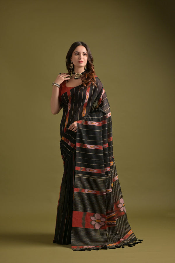 Nature Black Soft Ikkat Cotton Woven Design Saree